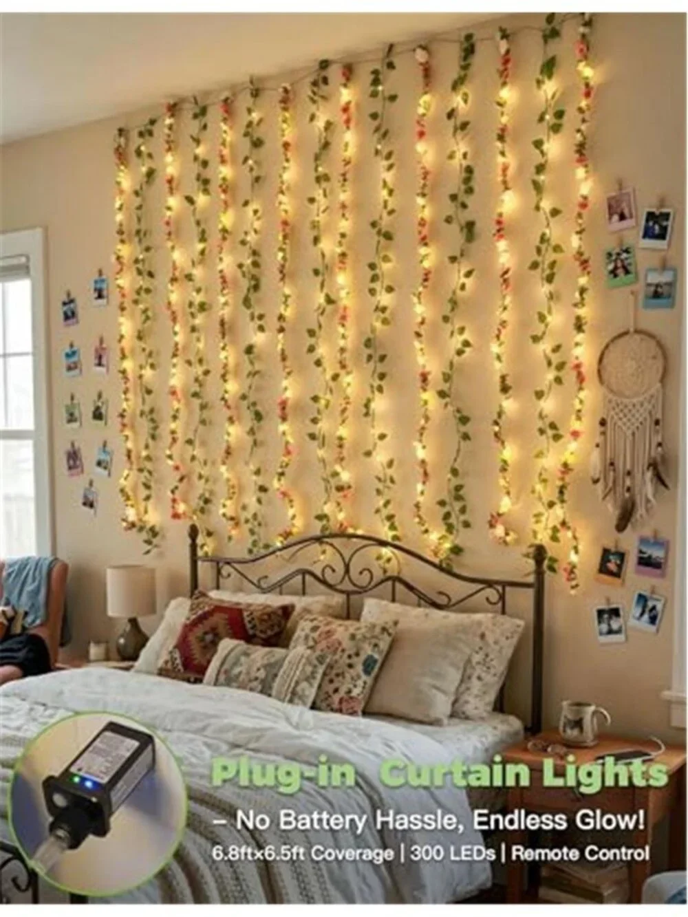LED Curtain Lights 300 Warm White Fairy Flower Vine Bedroom Wall Decor 8 Mode
